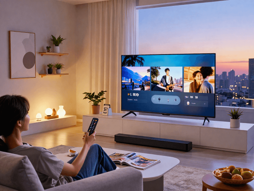 An individual enjoying a favorite show on a sleek Iron TV in a stylish living room environment, featuring cozy decor and modern technology.