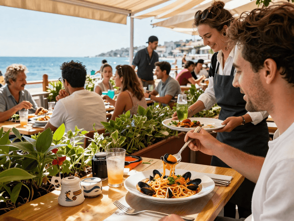 Une expérience culinaire à Naples avec lavowin link, plat de fruits de mer frais et ambiance vivante.