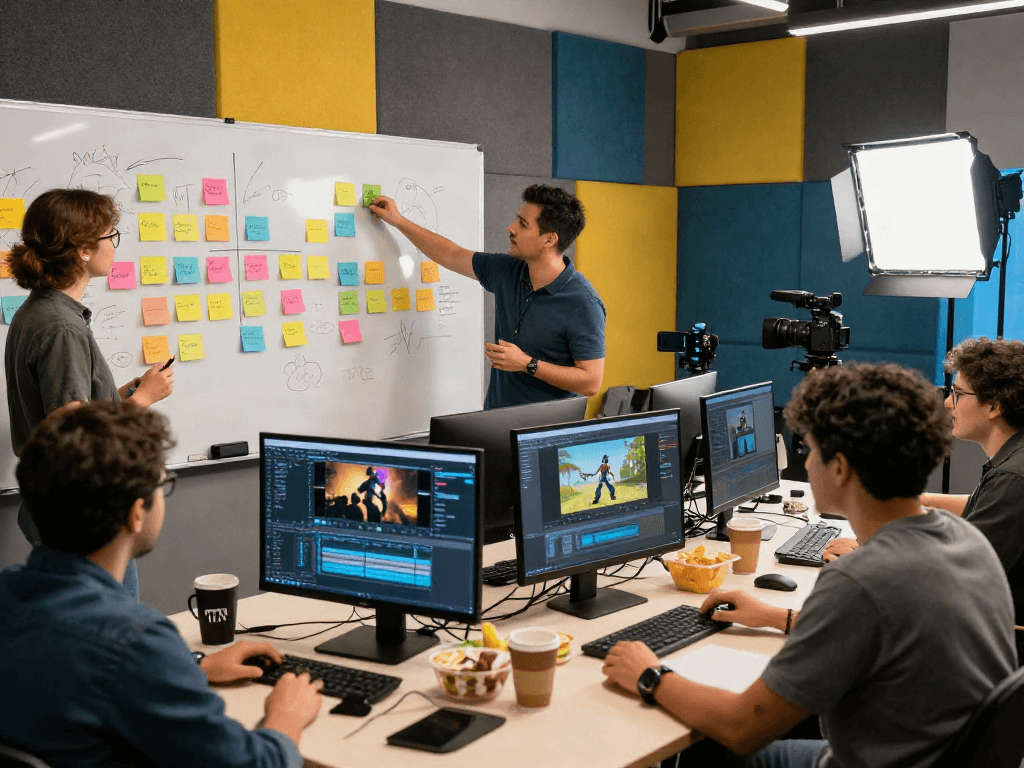 Équipe créative travaillant sur Iron TV dans un studio de production dynamique.