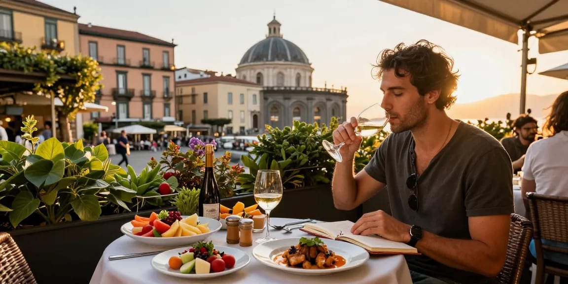 Découverte de la gastronomie à Naples avec lavowin link, un explorateur dégustant des plats locaux dans un café extérieur animé.