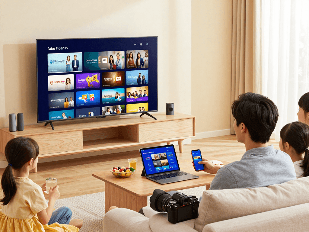 Expérience d'Atlas Pro IPTV dans un salon moderne avec télévision connectée.