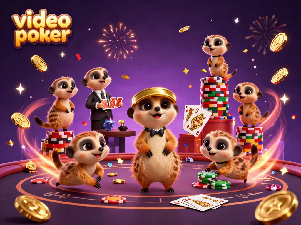 Experience video poker excitement with a lively meerkat casino scene featuring card dealers, chips, and a colorful atmosphere.