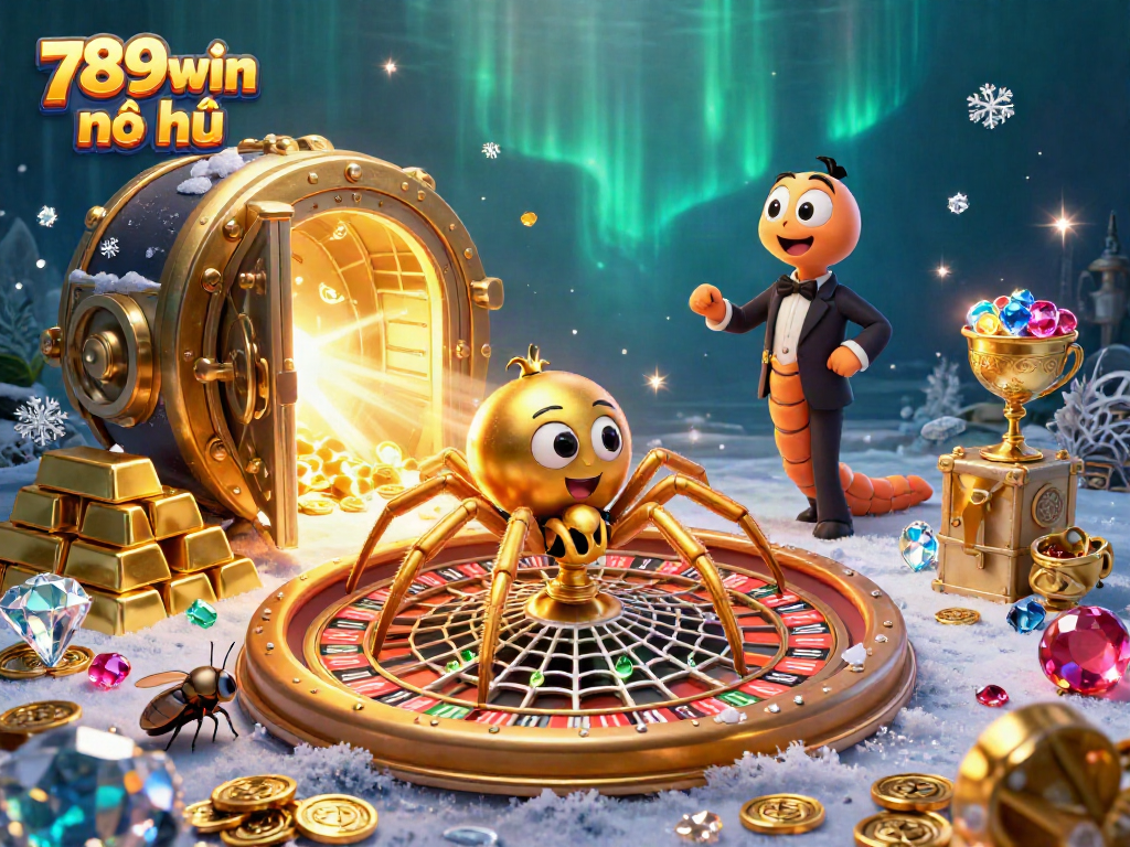 Experience the thrill of 789win nổ hũ as a golden spider spins a roulette web amidst treasures