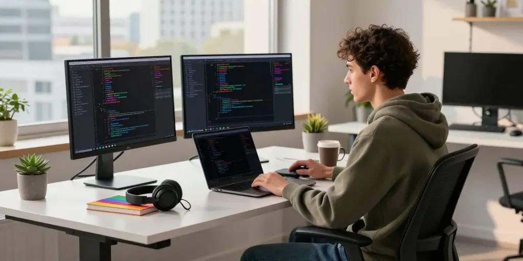 Dynamic tech workspace featuring uncensored ai chat with developer coding on multiple monitors.