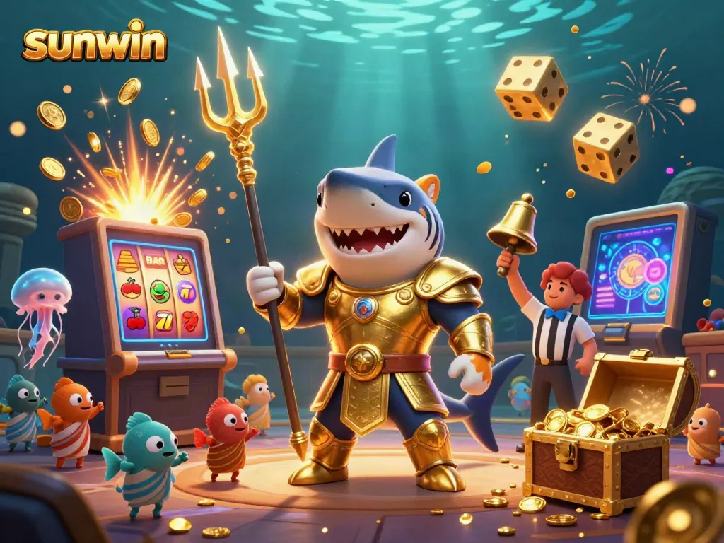 Experience thrilling gameplay with sunwin in an underwater colosseum featuring a tiger shark and dynamic casino elements.