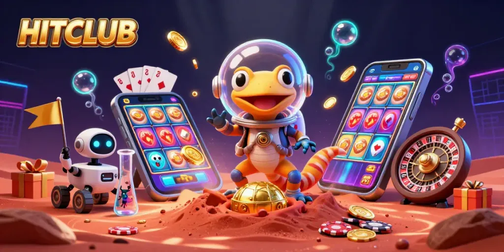 Engage in exciting gameplay at HITCLUB with vibrant casino elements and alien characters exploring a golden casino.