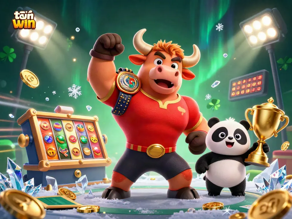 Tải sun win with a cheerful panda, winning bull, and eagle in a vibrant casino scene.