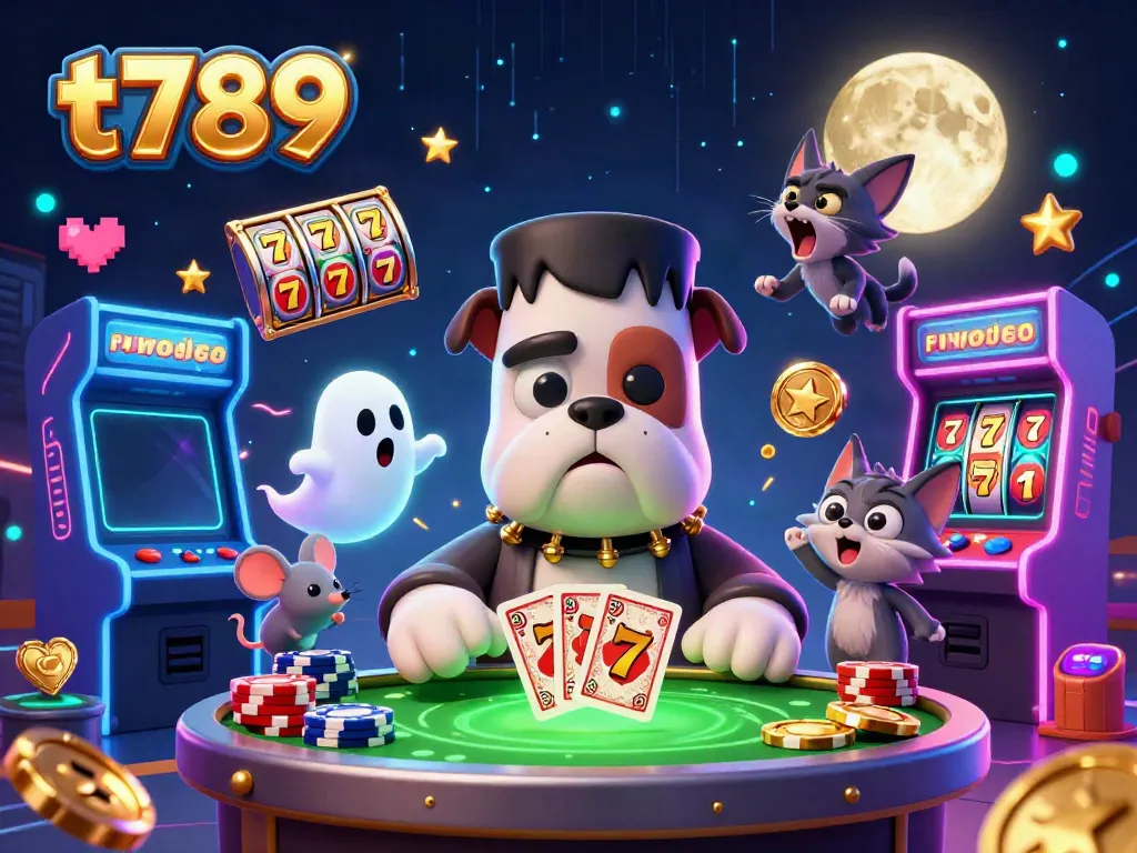 Experience the animated excitement of t789 as a Frankenstein bulldog deals cards at a vibrant casino table.