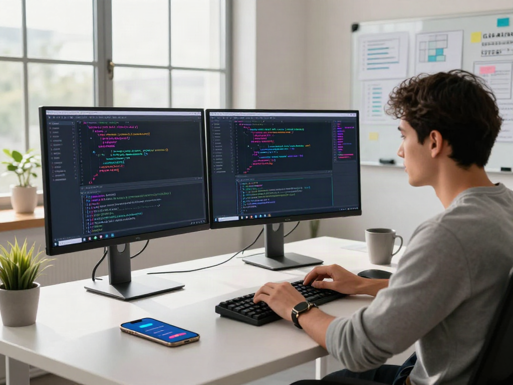 Un développeur concentré sur le codage dans un bureau inspirant avec Atlas pro, ordinateurs et notes de projet.