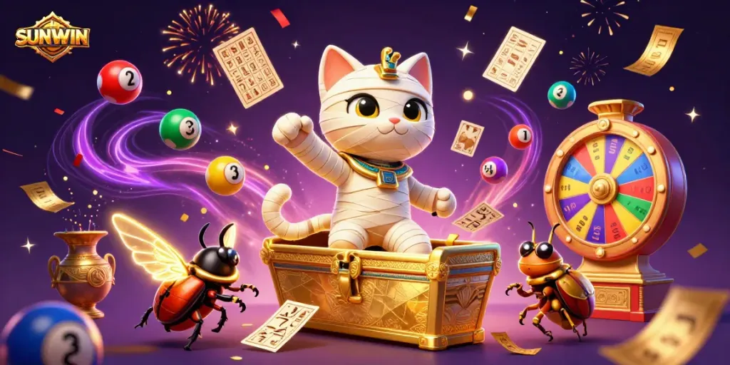 SUNWIN offers a thrilling experience with its Egyptian mummy cat bursting into action amidst a vibrant casino scene.
