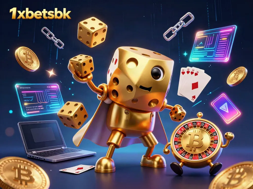 Exciting 1xbetsbk scene showcasing a golden dice golem and crypto-themed game elements, perfect for gamblers.