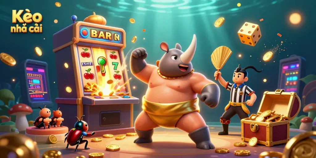 Experience thrilling betting action with Kèo nhà cái where a beetle champion stomps coins amidst a vibrant casino scene.