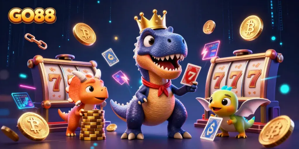 GO88 showcases a vibrant T-Rex and friends engaging in thrilling card action amidst lively slots and crypto coins.