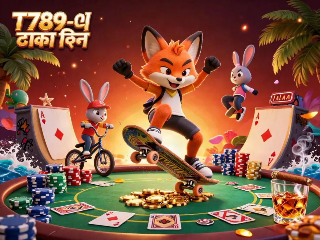 Play T789-এ টাকা জমা দিন with a dynamic illustration of a fox and rabbit in a casino-themed scene.