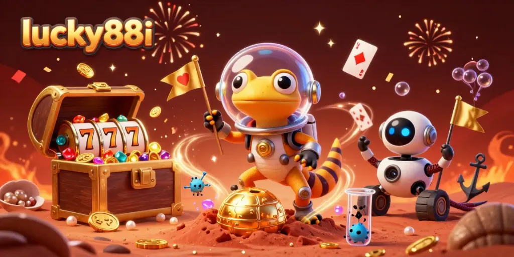 Experience thrilling wins with lucky88i in a vibrant 3D casino scene filled with excitement.