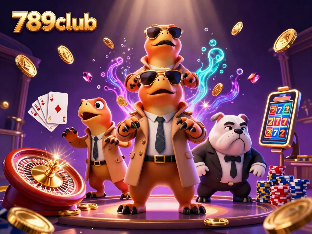 Try your luck at 789club with vibrant 3D casino raptors and floating gems in a lively scene.