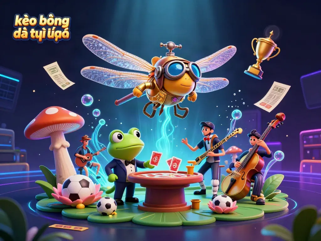Engage with kèo bóng đá trực tuyến in a vibrant sports betting scene featuring a dragonfly pilot and frog croupier.