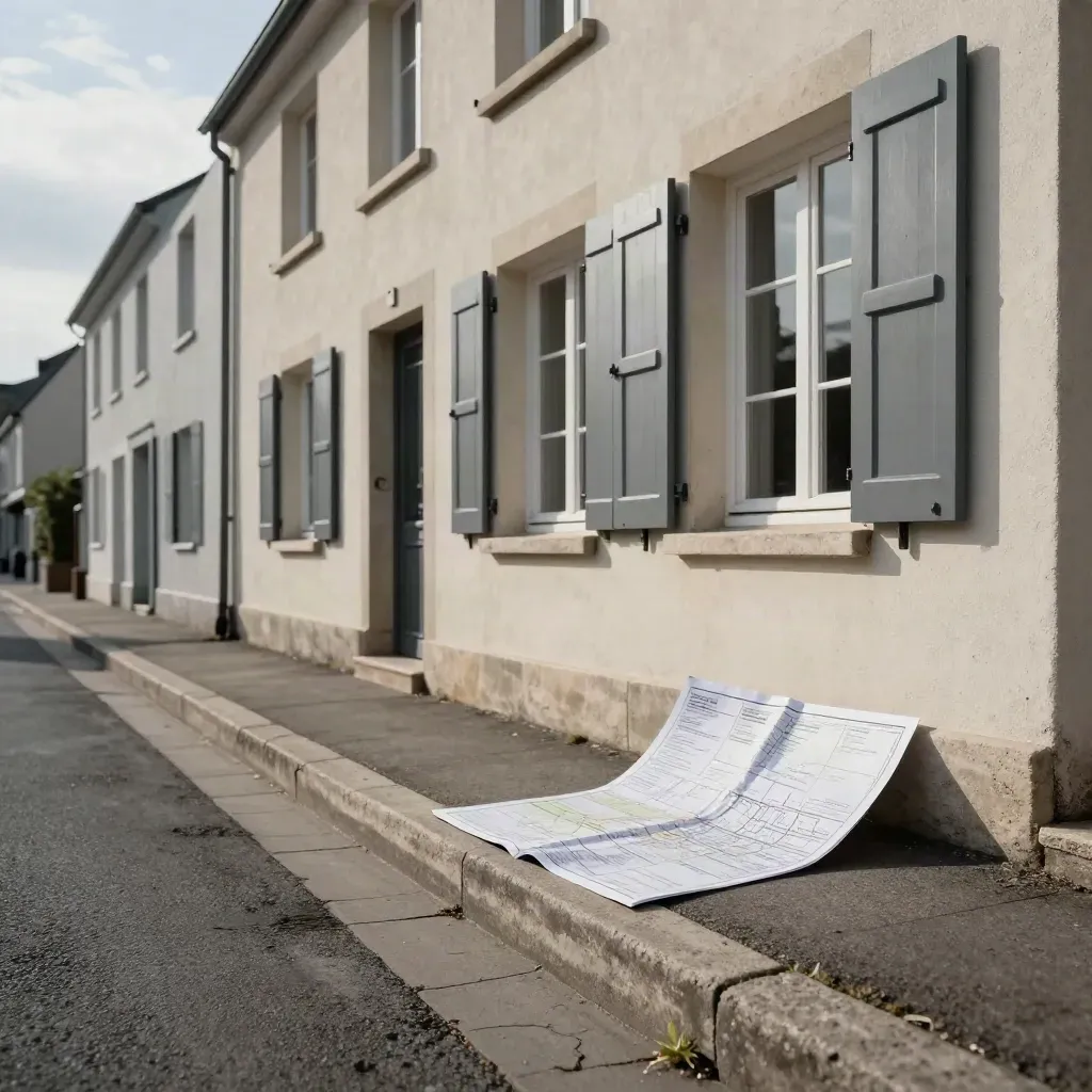Façades basses, plan de secteur plié sur un muret et repère d’angle en lumière de midi.