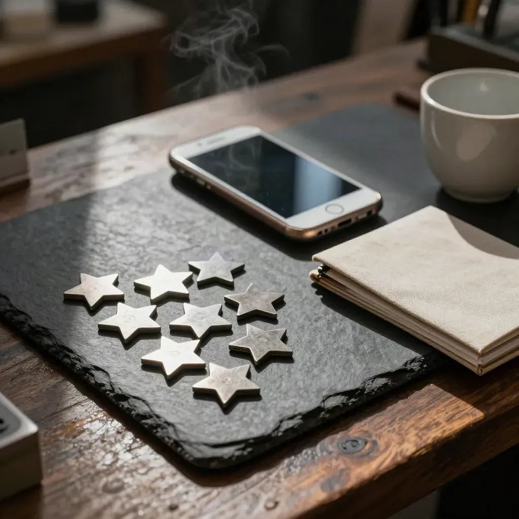 Comptoir sombre avec jetons d’avis en étoile, téléphone retourné, carnet fermé et tasse vide.