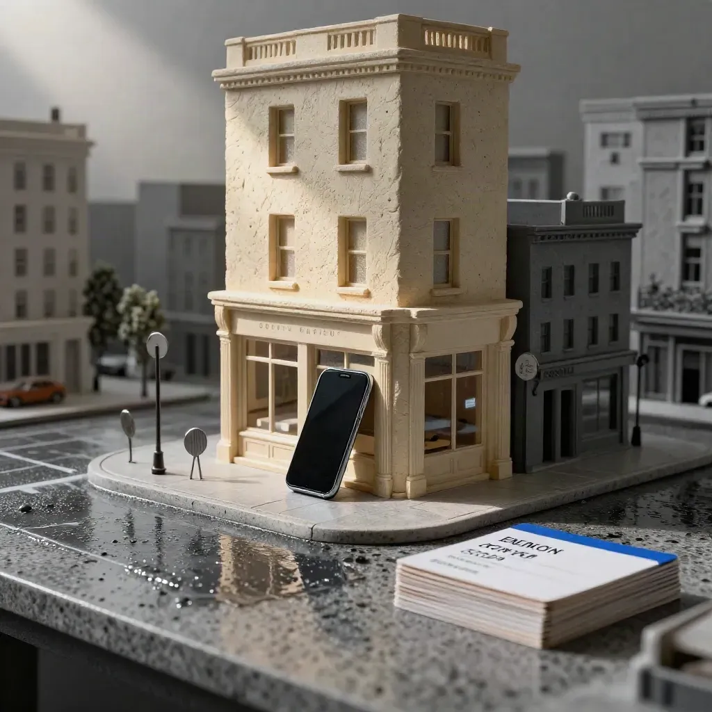 Maquette de rue locale humide, smartphone et repères de carte sous une lumière dramatique.