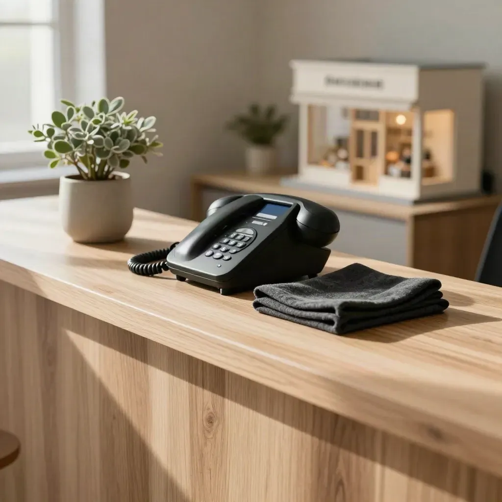 Comptoir clair d’agence avec téléphone noir, plante et maquette de vitrine dans une lumière chaude.