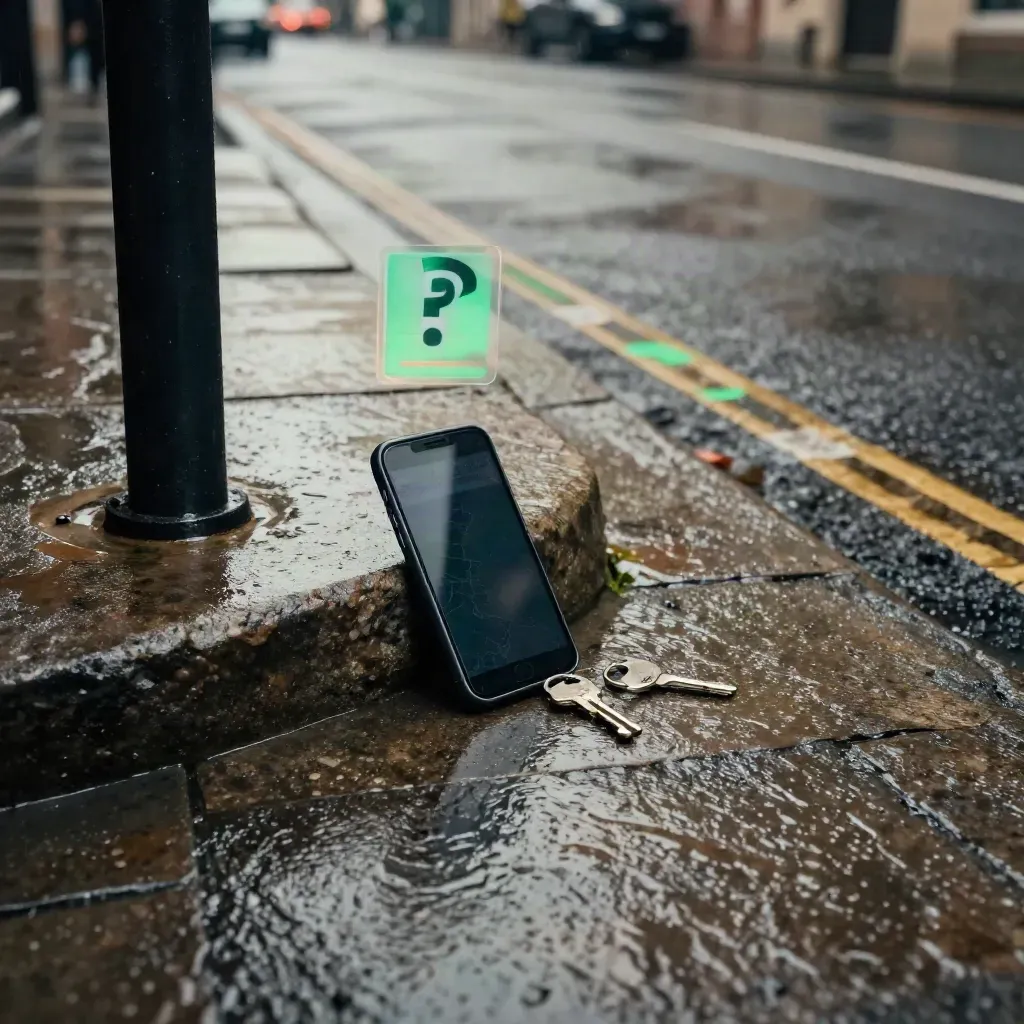 Téléphone au coin d’une rue humide avec clé de boutique et repères de carte vert émeraude.