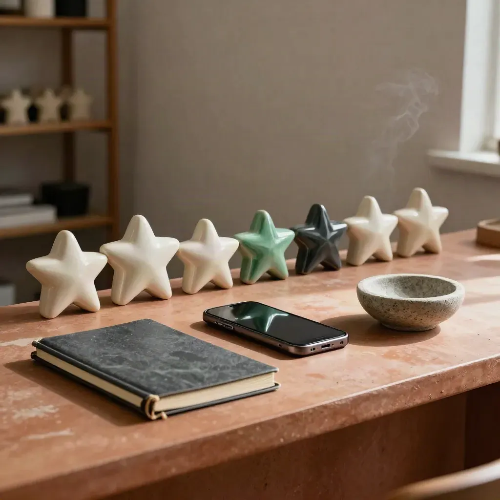 Coin de bureau d’avis clients avec étoiles en céramique, téléphone sombre et carnet fermé.