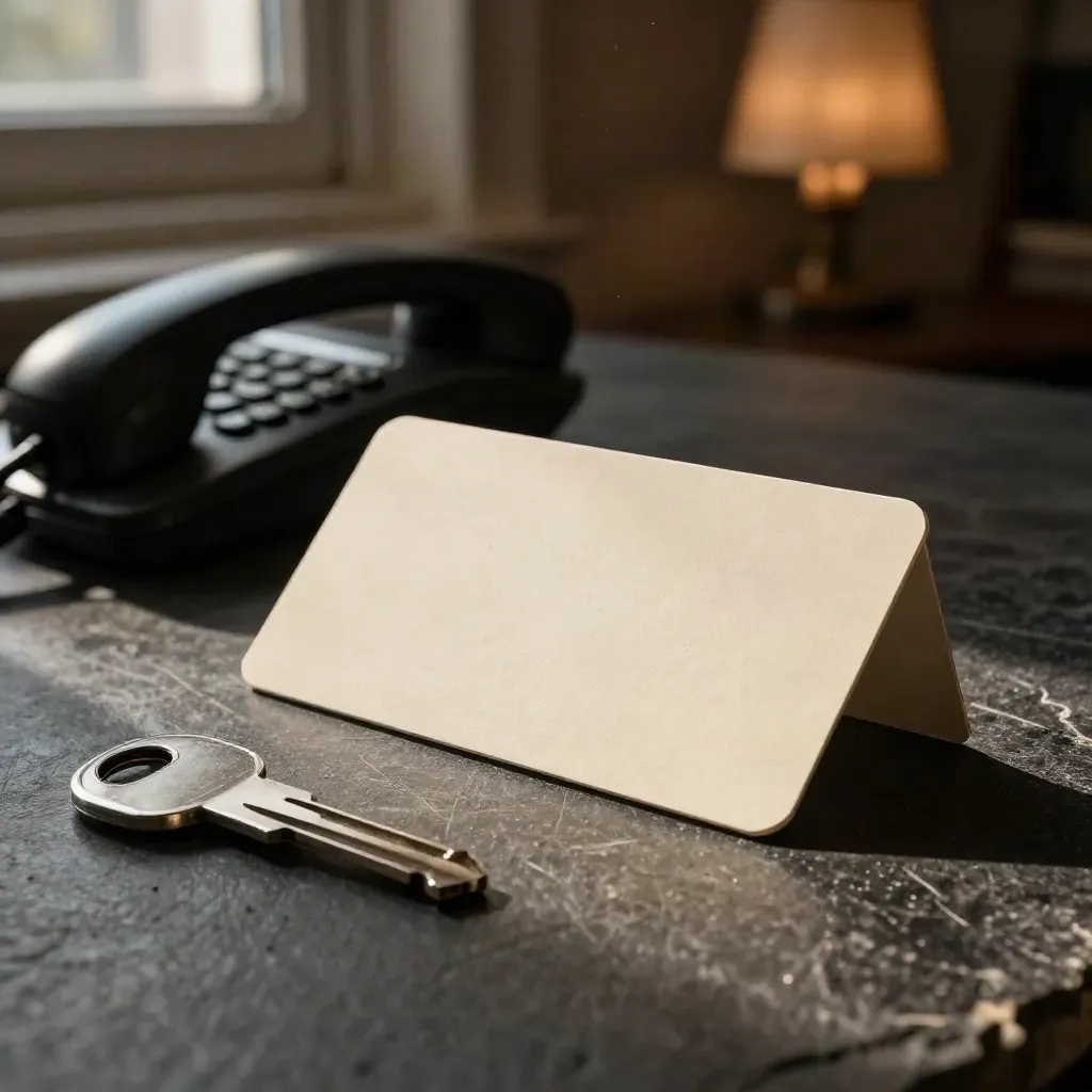 Carte d’adresse retournée, téléphone noir et clé de commerce sur dalle de pierre sombre.