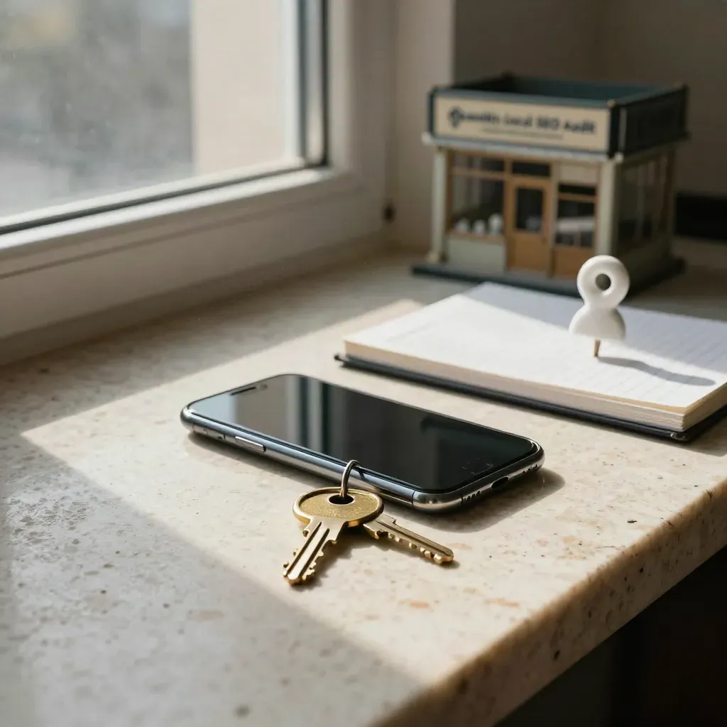 Audit local vu en contre-plongée avec smartphone sombre, clés, carnet fermé et maquette de façade.