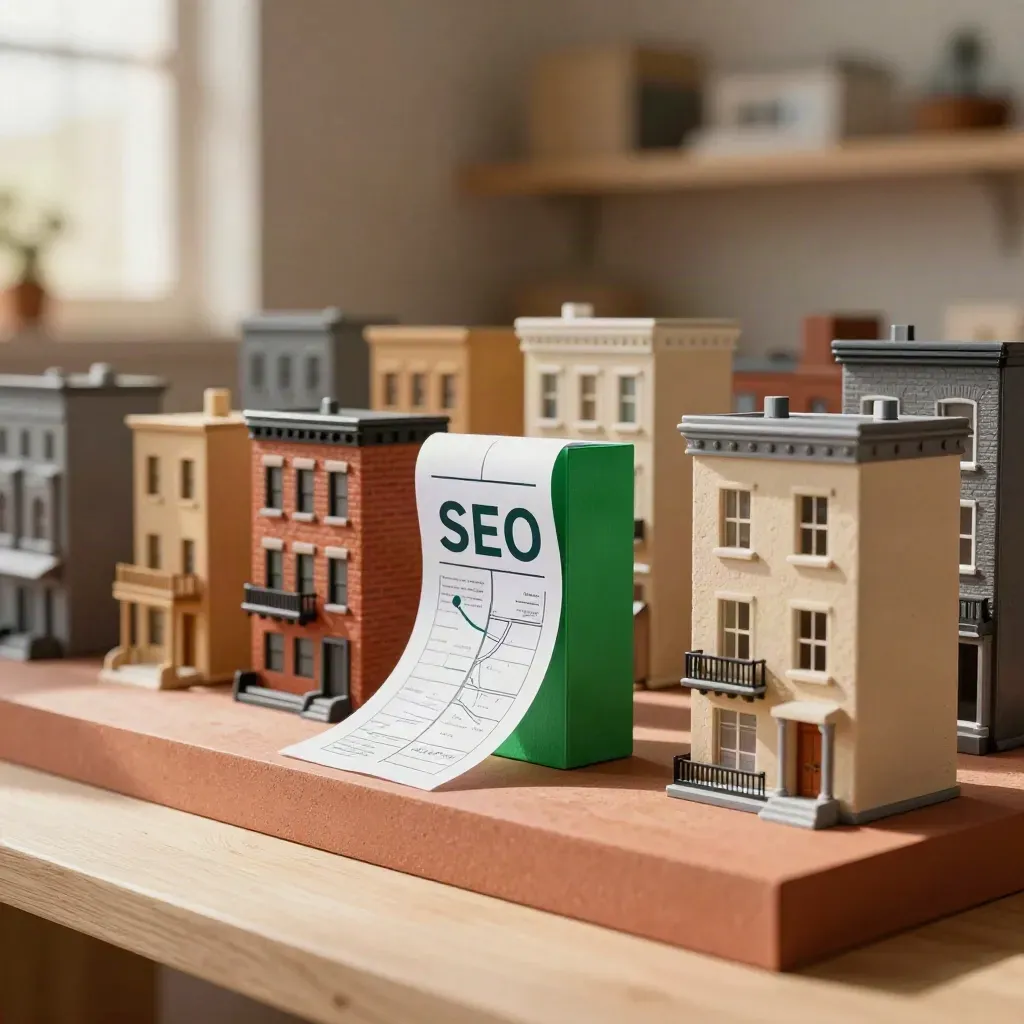 Mini façades de quartiers et plan de rue plié, lumière chaude, accent vert émeraude.