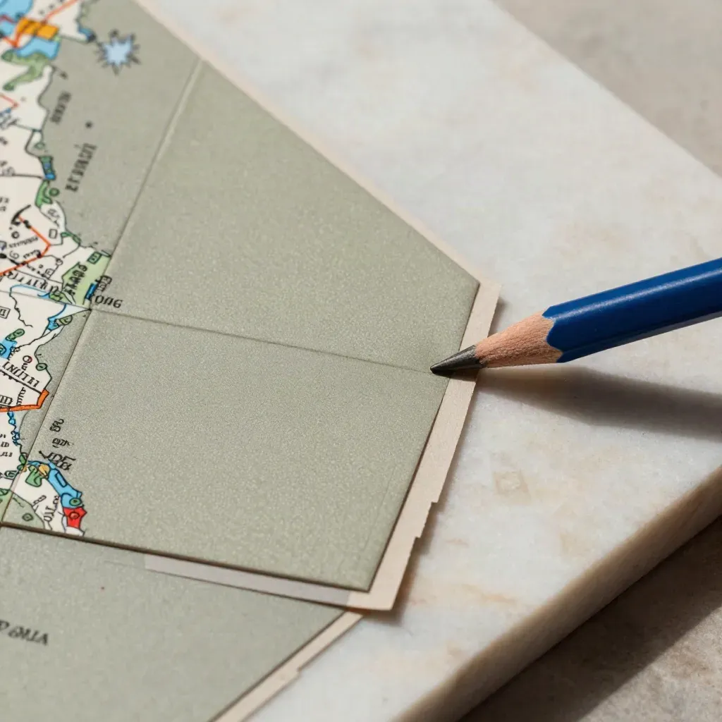Vue du dessus de deux tuiles cartographiques et d’un crayon court sur pierre, avec un accent bleu roi.