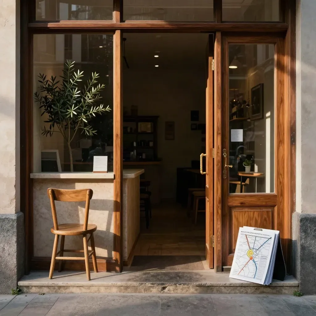 Entrée de boutique locale ouverte, chaise, plante et comptoir éclairés au soleil.