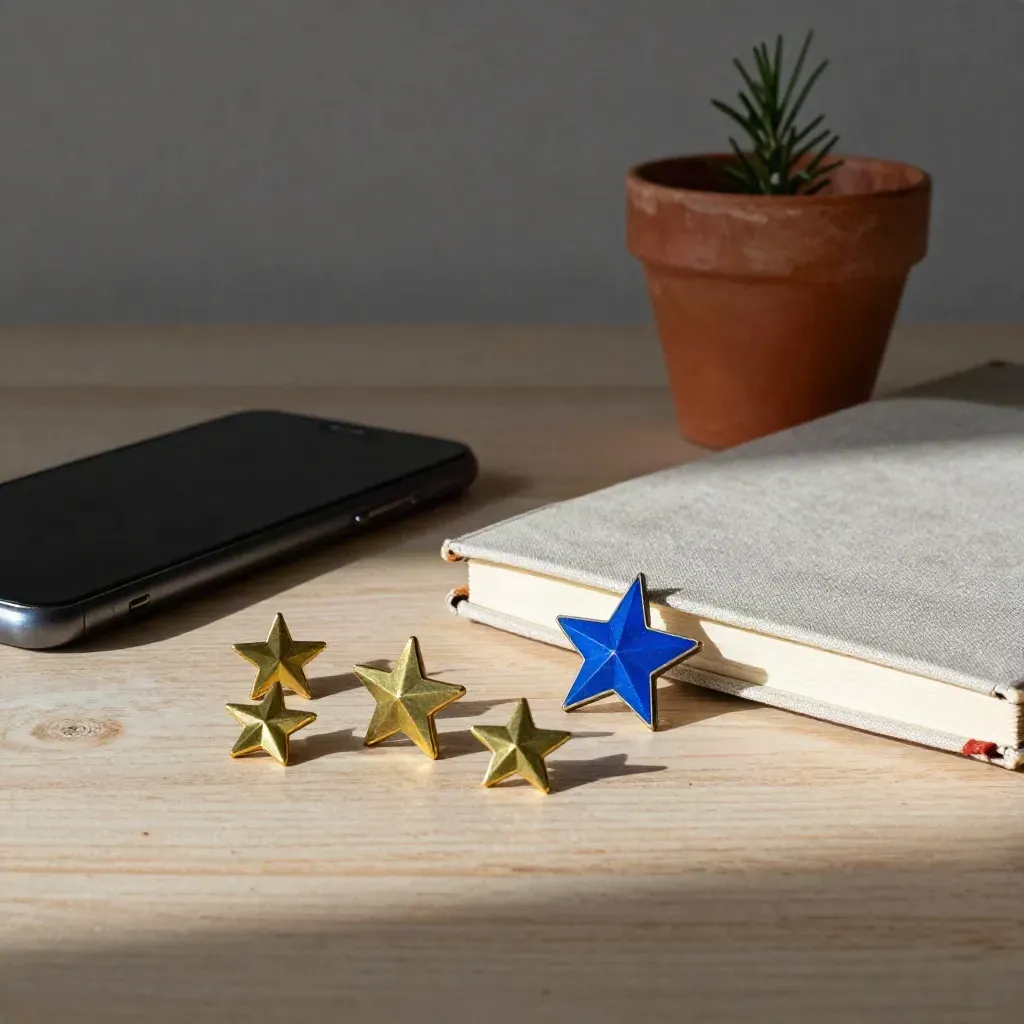Jetons d'étoiles, carnet fermé, téléphone retourné et petite plante sur bois clair.