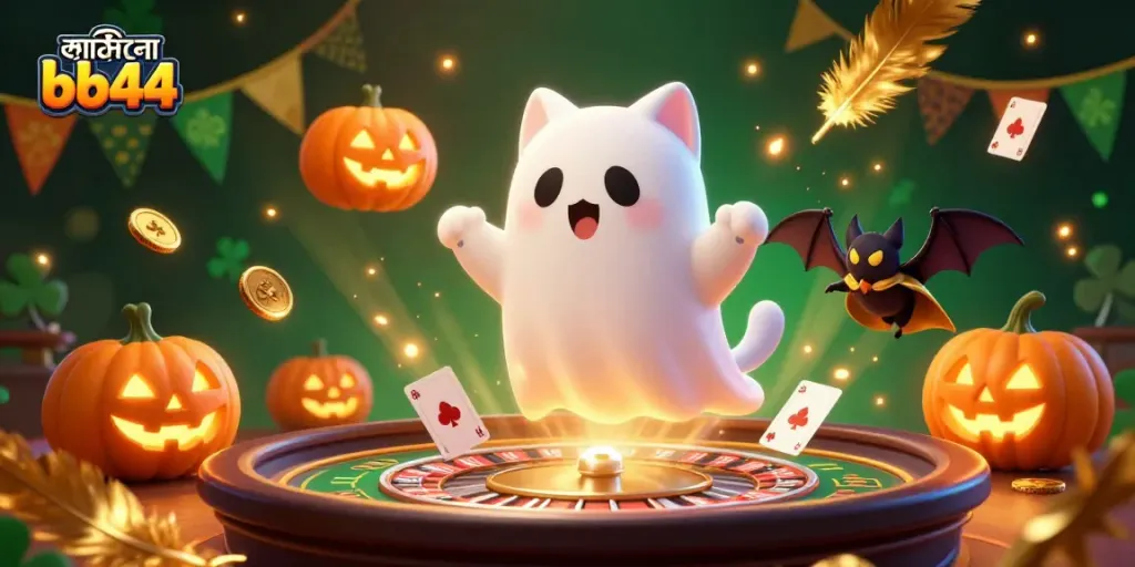 Experience the enchanting joys of লাইভ ক্যাসিনো bb44 with a ghost cat, bat companion, and vibrant casino elements.