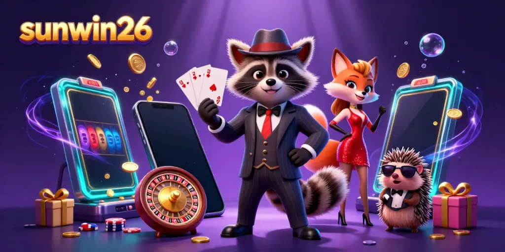 Experience excitement with sunwin26 as stylish raccoon, fox, and hedgehog enjoy a vibrant casino scene.