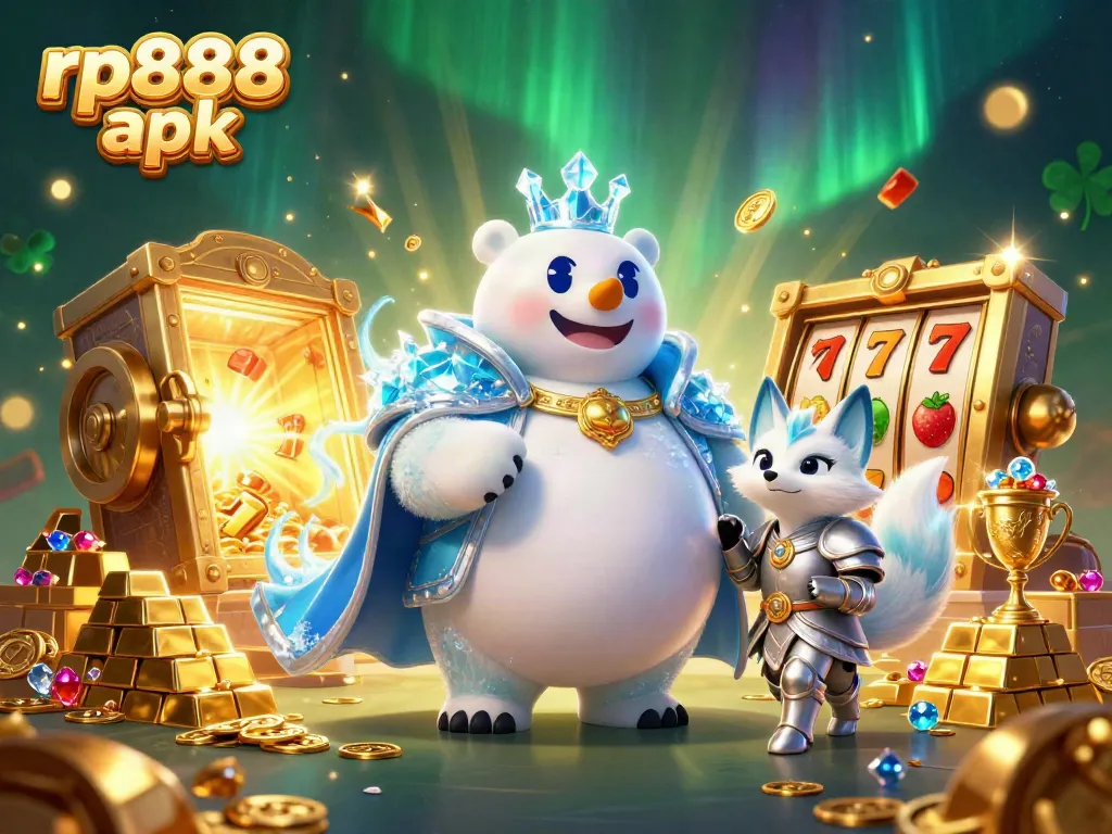 Spin into fortune with rp888 apk featuring a majestic ice king and snow fox amidst casino treasures.