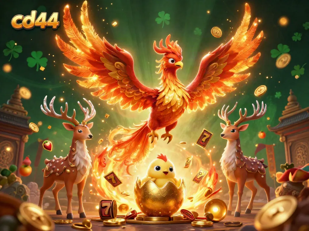 Experience the excitement of cd44 with a vibrant 3D phoenix scene full of casino symbols and action.