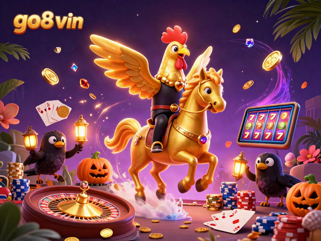 Experience the thrill of go8 vin with golden rooster and casino elements swirling in vibrant energy.