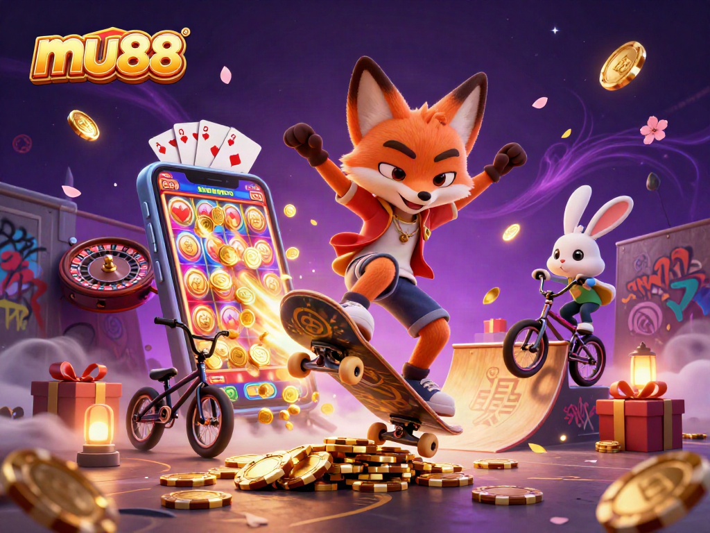 Experience excitement with mu88 as a skateboarder fox and BMX rabbit jump over golden poker chips in a vibrant casino scene.
