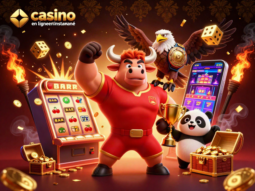 Casino en ligne retrait instantané : Bull mascotte et panda célèbrent avec des gains et des éclats de jackpot.