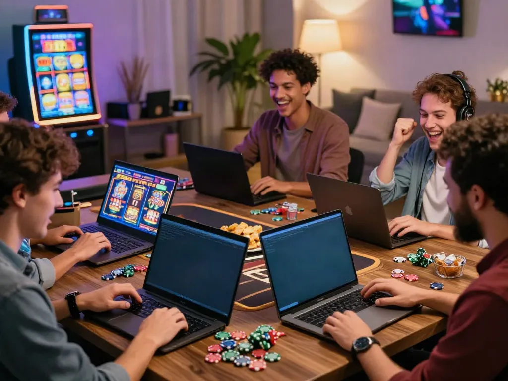 Joueurs profitant d'un casino en ligne avec des bonus sans dépôt, ambiance dynamique et lumineuse.