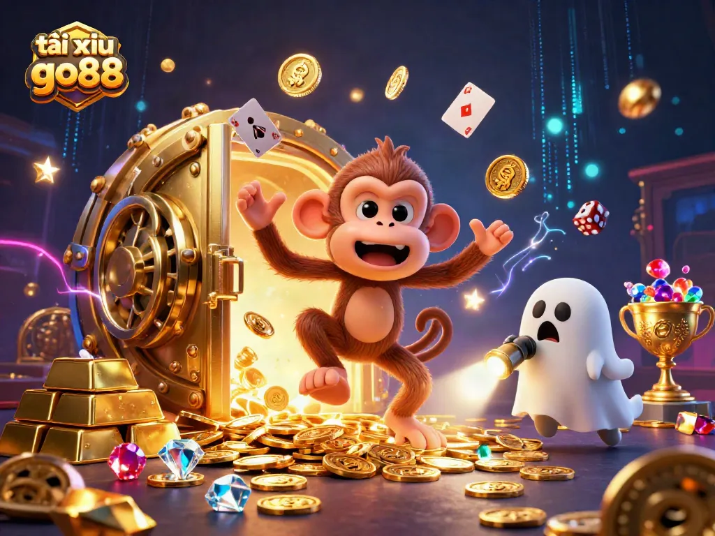 Engaging 3D visualization of tài xỉu go88 featuring a playful poltergeist monkey and curious puppy in a vibrant casino scene.