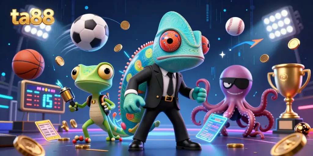 Engage with the vibrant ta88 scene featuring a chameleon agent, golden gadgets, and dynamic sports elements.