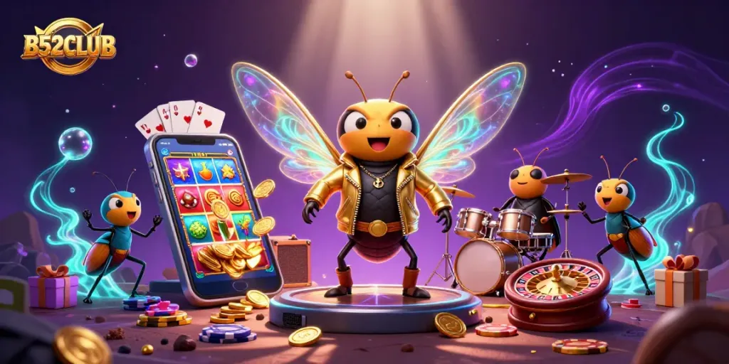 B52CLUB ignites excitement with a dynamic 3D illustration featuring a cicada rock star, slot games, and golden coins.