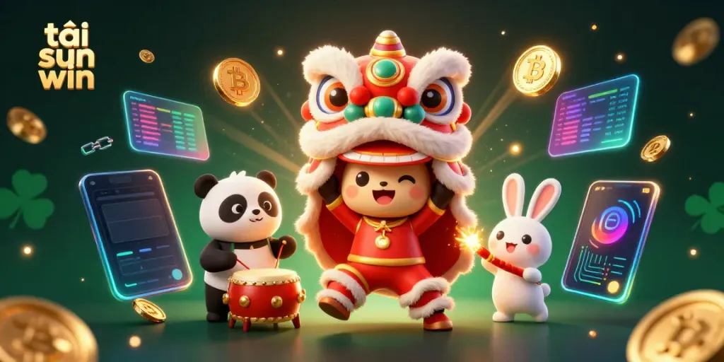 Engaging scene featuring 3D cartoon characters celebrating the lunar festival while promoting tải sun win casino games with crypto elements