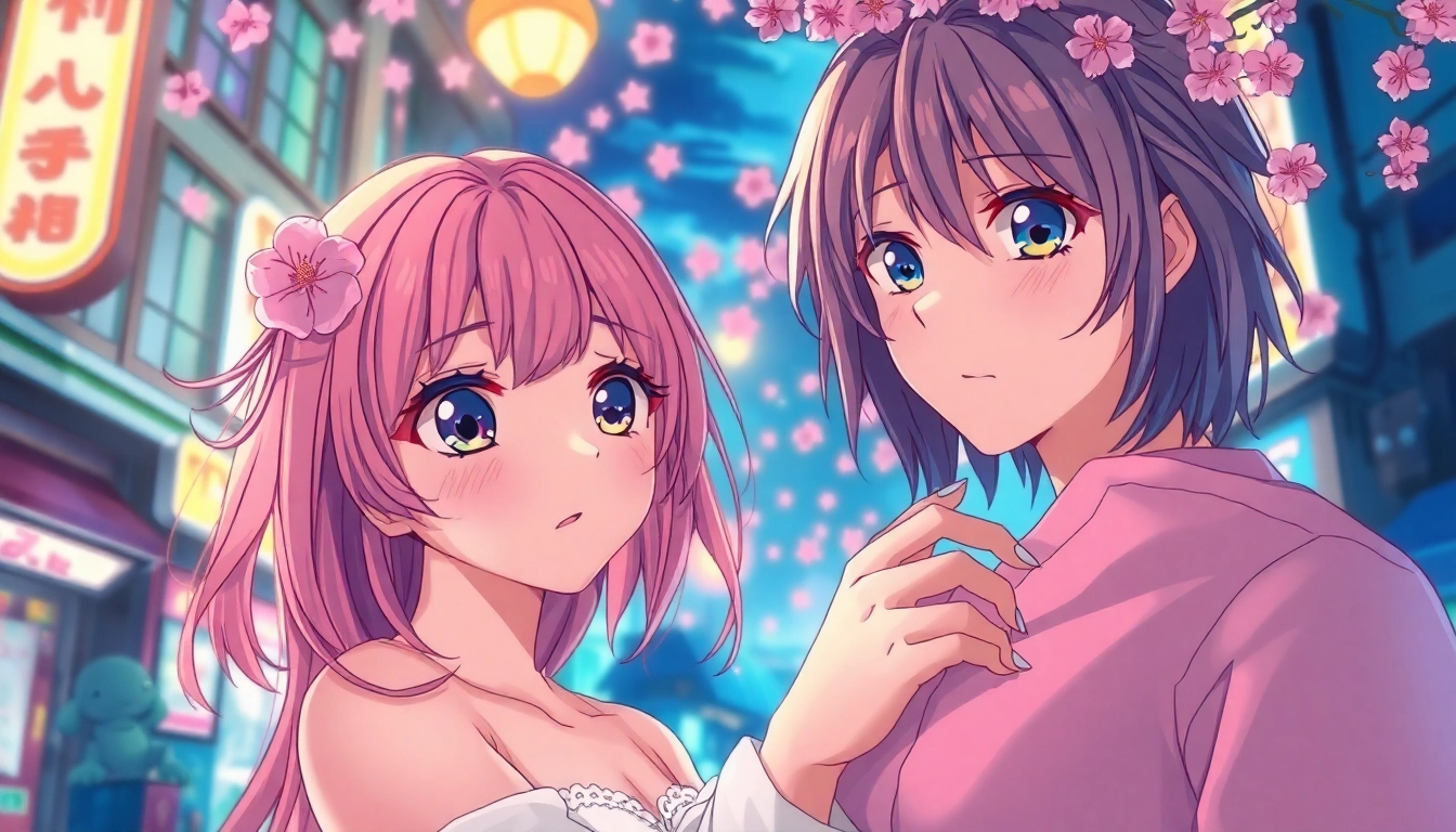 Engaging anime sex scene with vibrant characters in a whimsical urban setting