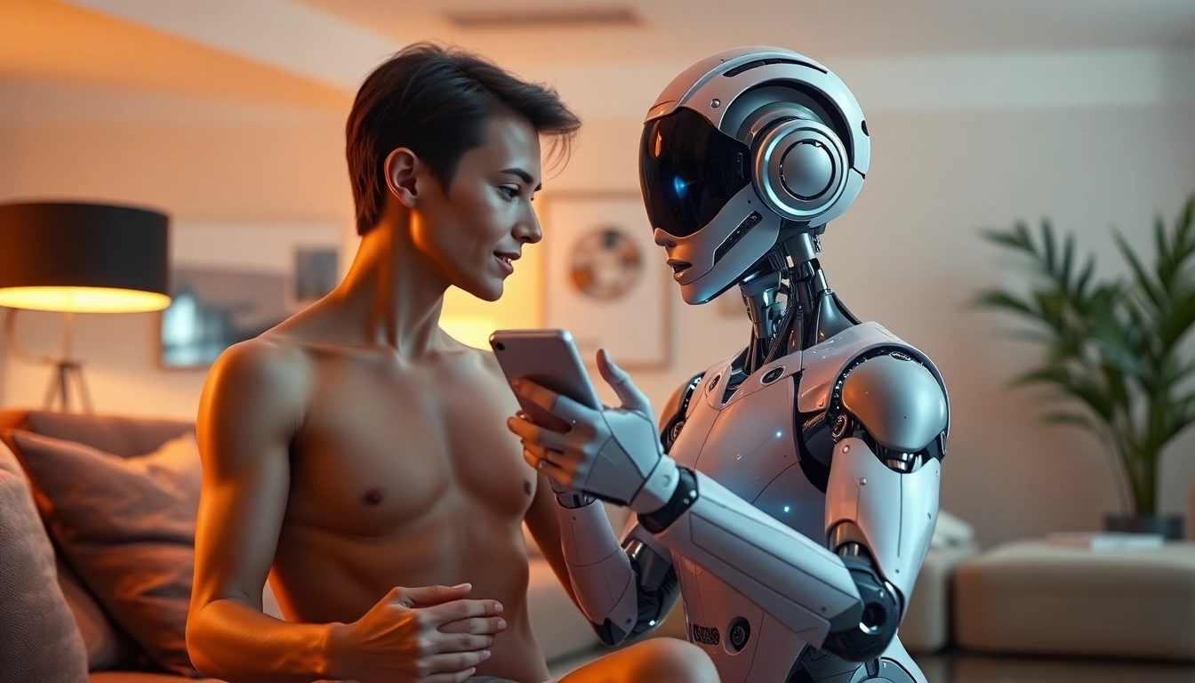 Engaging scene featuring a lifelike sex bot and user in a cozy, modern setting, showcasing AI interaction.