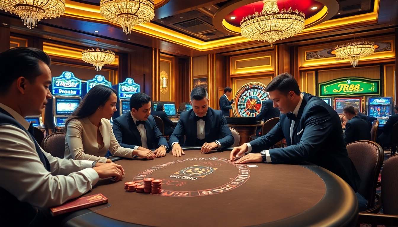 Players enjoy a thrilling game at the TR88 casino poker table with vibrant chips and cards.