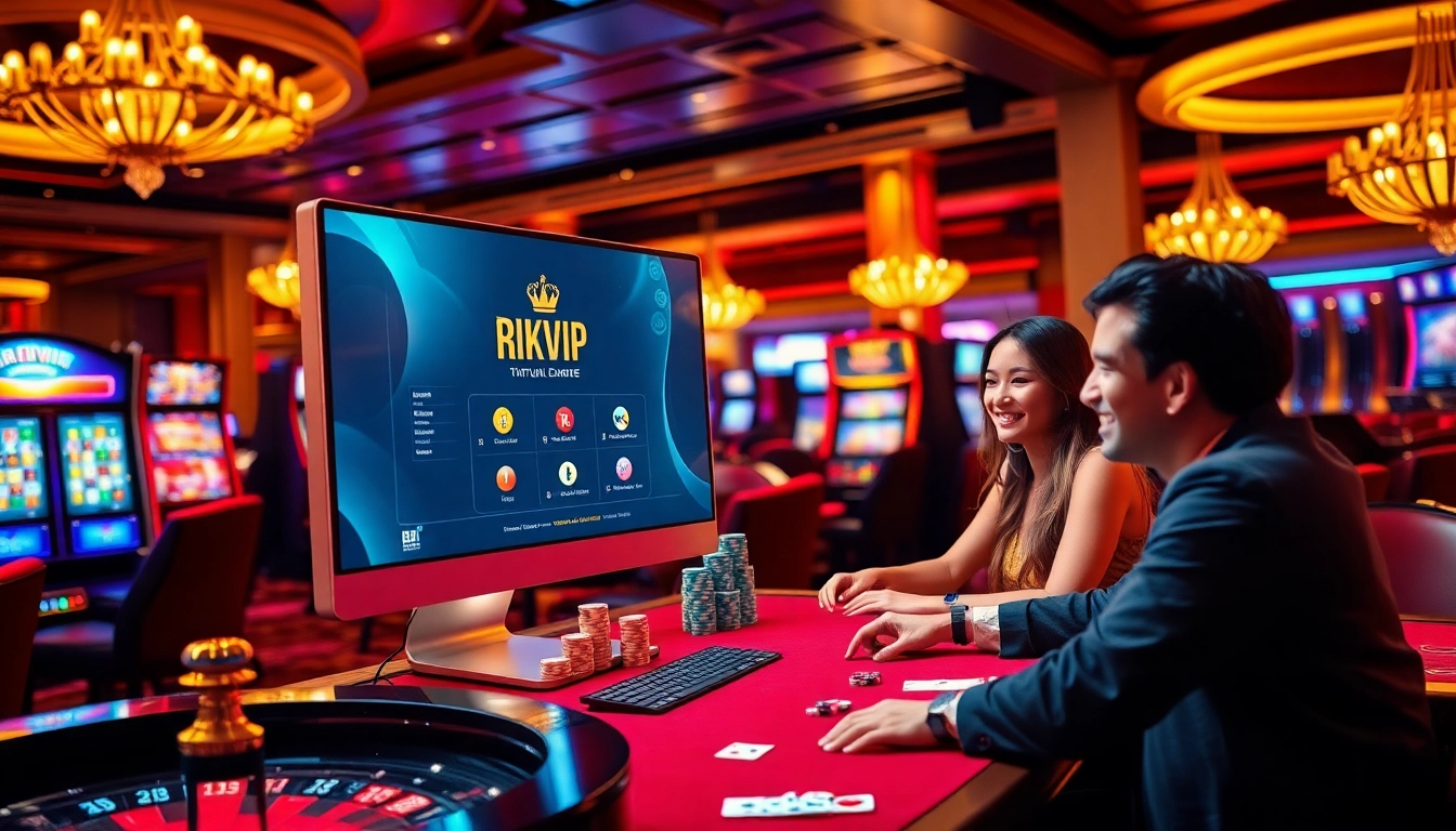 Experience engaging gameplay on rikvip with vibrant casino elements, including poker chips and slot machines.