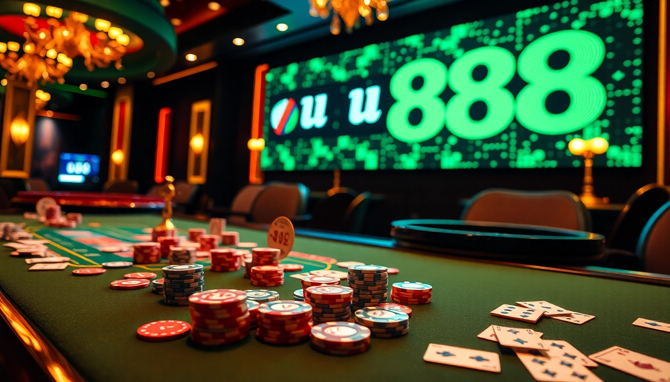 Experience the excitement of u 888 with poker chips and a dazzling roulette wheel in a vibrant casino setting.